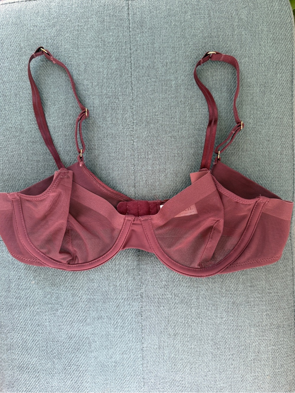 Auden Mesh Unlined Sheer Demi Coverage Underwire Bra size 34A burgundy